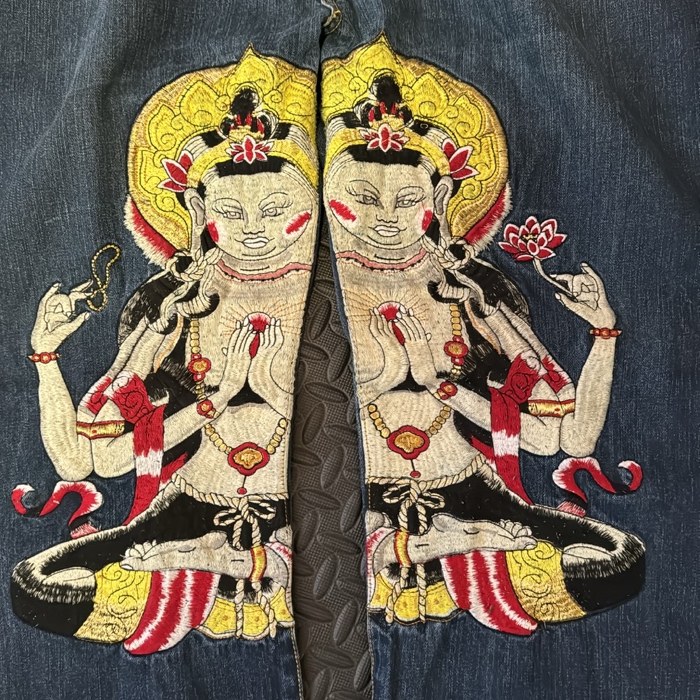 Christian Audigier Blue button fly Jean 42 waist x 33. Embroider, Indian Ladies